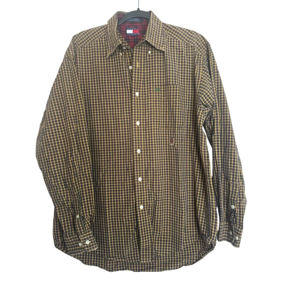 Tommy Hilfiger Plaid‎ Long Sleeve Button Down Shirt Men's Medium Yellow Cotton